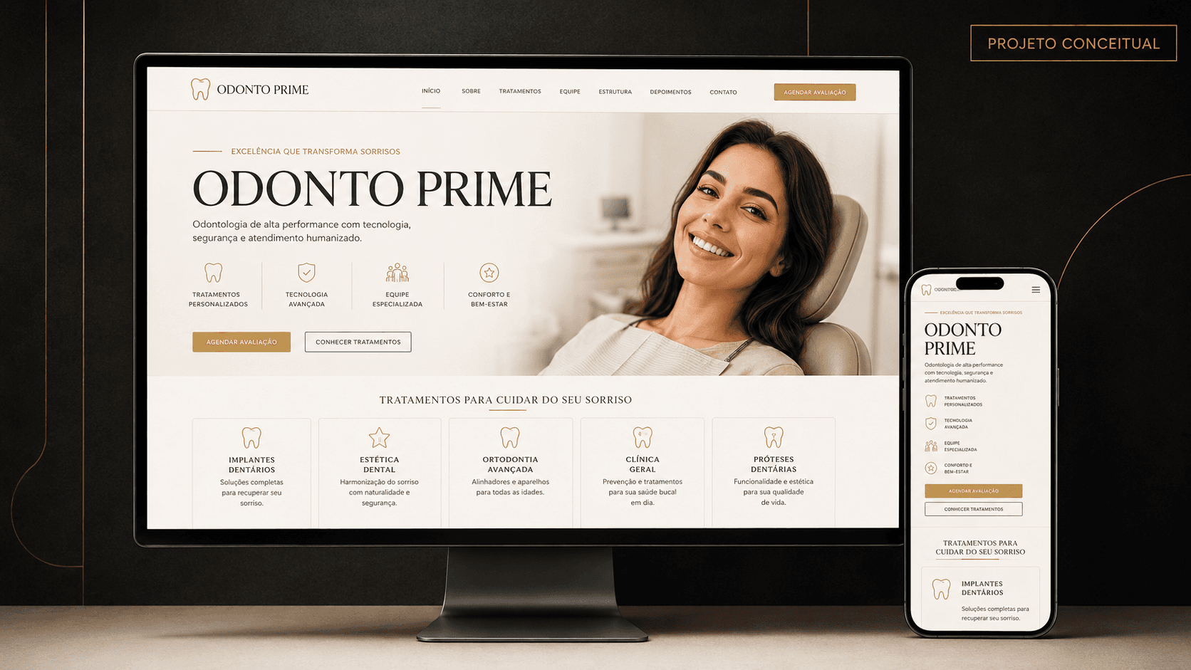 Composição conceitual do site Odonto Prime exibida em monitor e smartphone